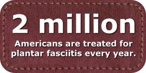 piece of leather stating 2 million Americans are treated for plantar fasciitis every year