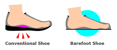 The Mighty Arch, Part 1: A Natural Cure for Plantar Fasciitis? An illustration comparing a conventional shoe with arch support to a barefoot shoe with none
