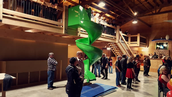 The spiral slide is in place at the new Soft Star shoemaking workshop! softstar-party-slide